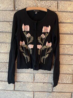 I.N.C. International Concepts Womens Black Embellished Floral Cardigan Sweater M